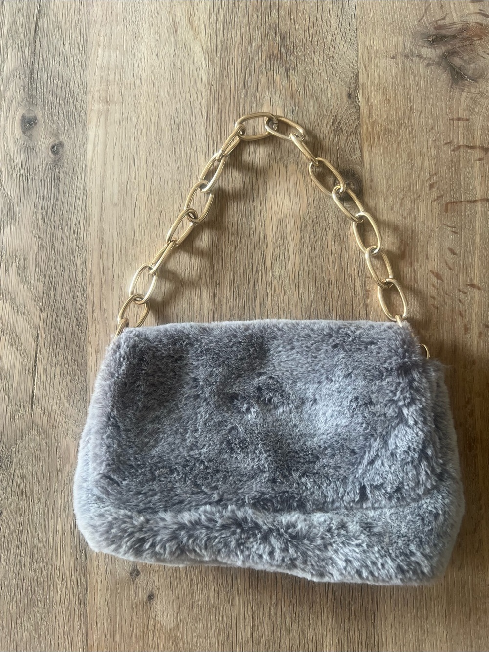 Forever 21 Gray Faux Fur Gold Chain Handbag